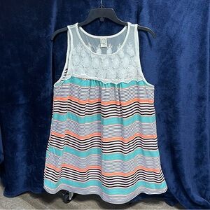 Sun n Moon Multicolor Striped Lace Tank Top Babydoll Sleeveless Women’s L Large